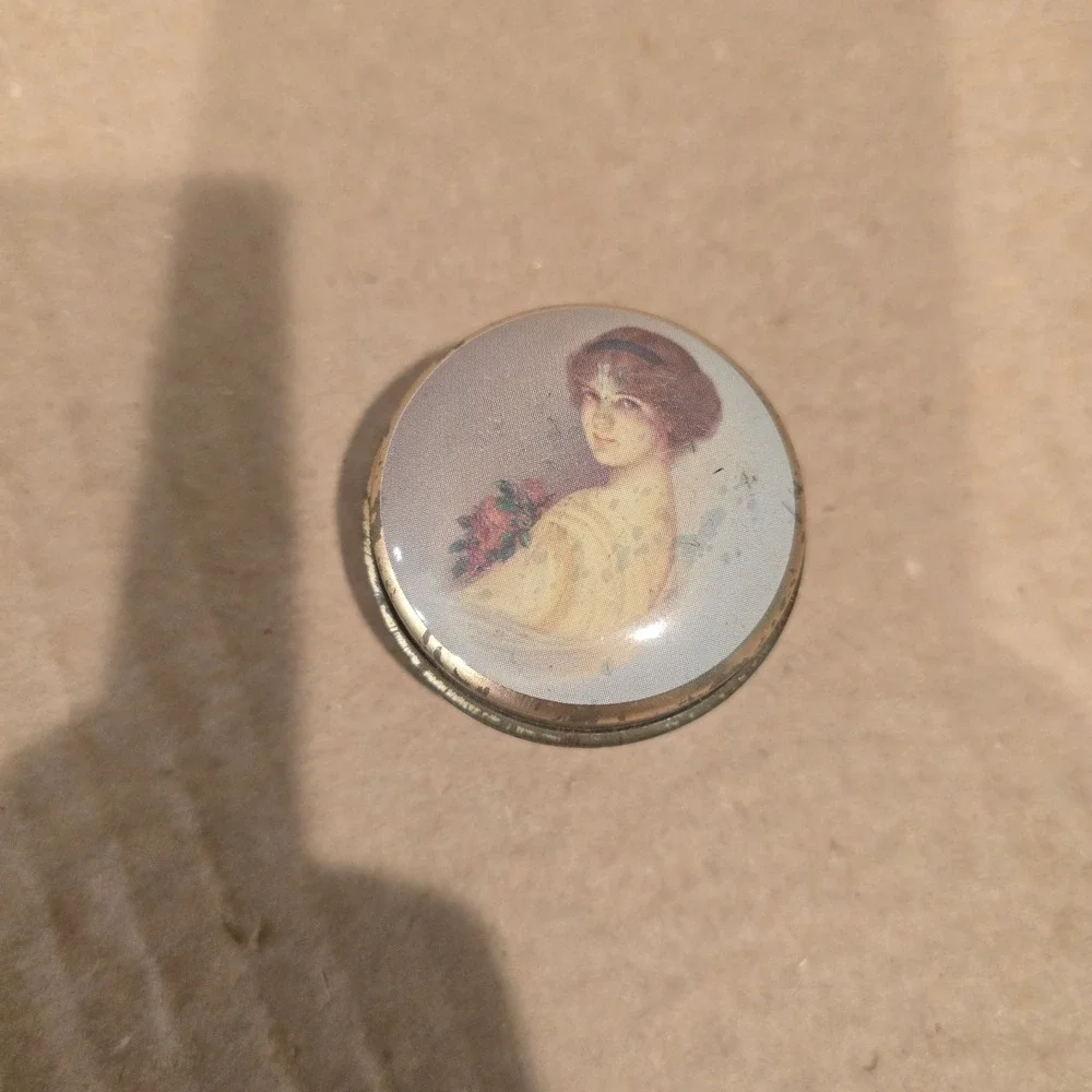 Vintage Violet Cachous Candy Tin Decorative Portrait Lady Floral Brass Metal
